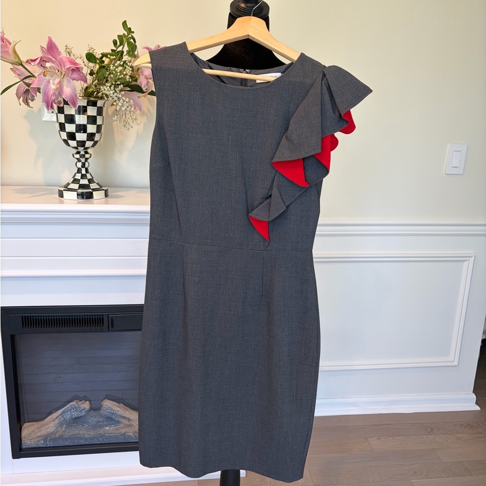 Calvin Klein Gray Sheath Dress with Red Ruffle One-Shoulder Detail